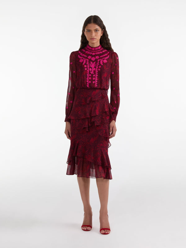 Saloni Isa Ruffle In Astilbe Burgundy Embroidery