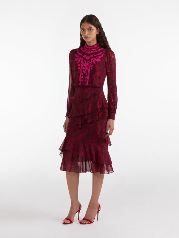 Saloni Isa Ruffle In Astilbe Burgundy Embroidery