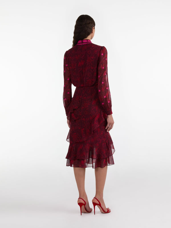 Saloni Isa Ruffle In Astilbe Burgundy Embroidery
