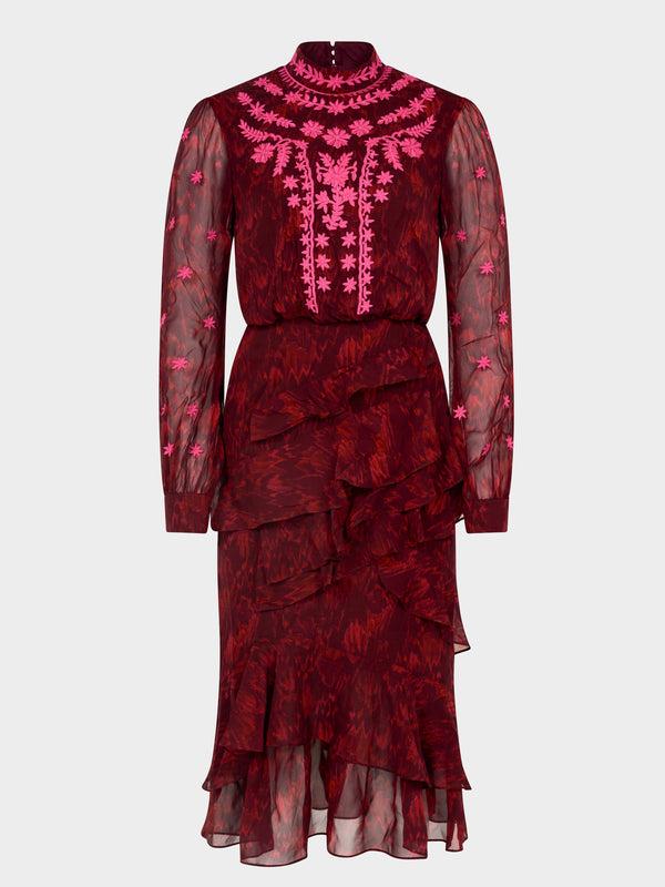 saloni Isa Ruffle in Astilbe Burgundy Embroidery