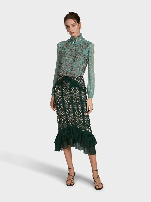 Saloni Isa Silk B Dress In Jade Green Embroidered