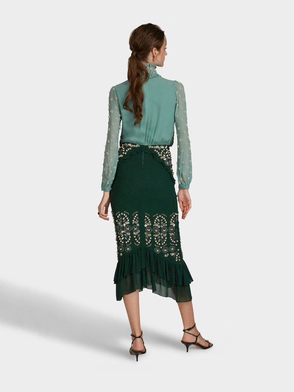 Saloni Isa Silk B Dress In Jade Green Embroidered