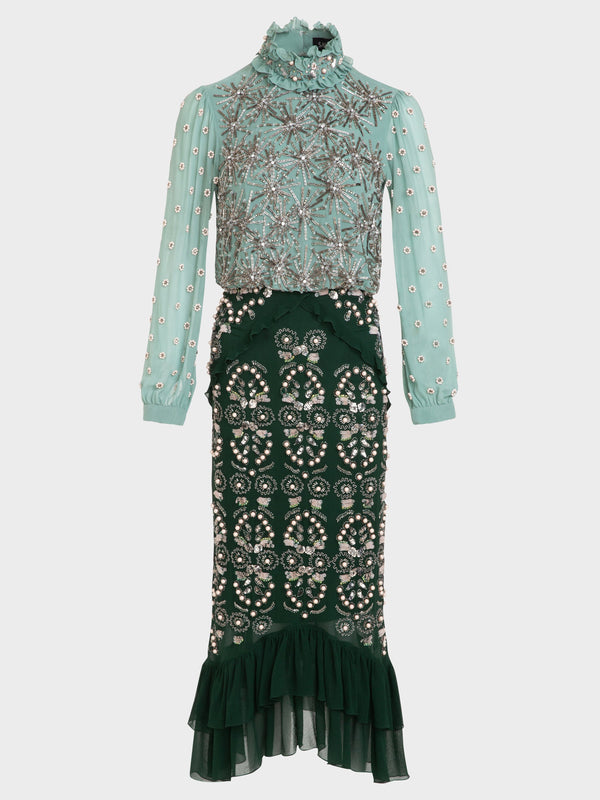 saloni Isa Silk B Dress in Jade Green Embroidered