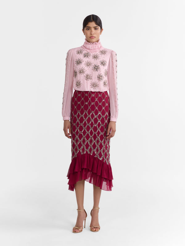Saloni Isa Silk C Dress In Pale Peony Pinot