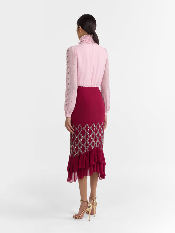 Saloni Isa Silk C Dress In Pale Peony Pinot