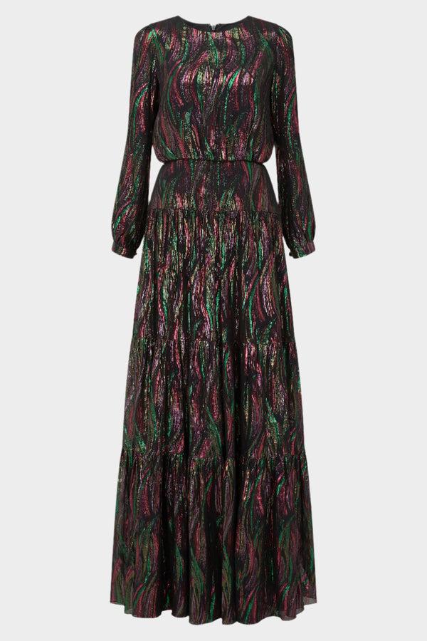 saloni Isabel Long Dress in Metallic Rainbow
