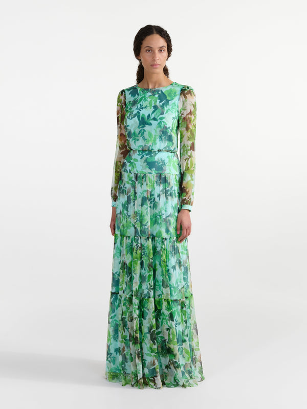 Saloni Isabel Long Dress Watercolour Garden
