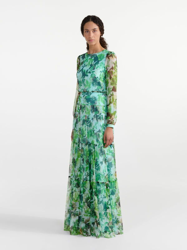 Saloni Isabel Long Dress Watercolour Garden