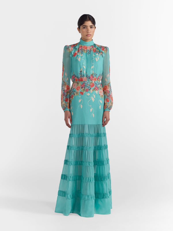 Saloni Jacqui Long Dress In Jardine Duckegg