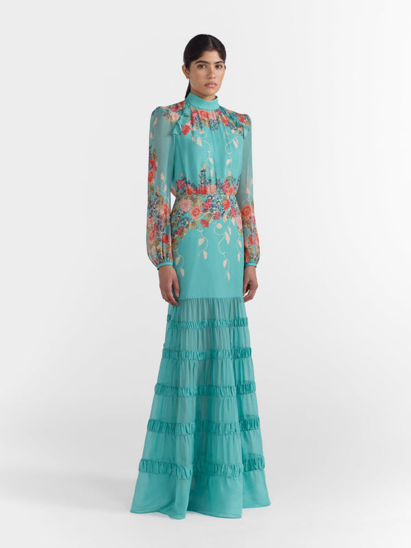 Saloni Jacqui Long Dress In Jardine Duckegg