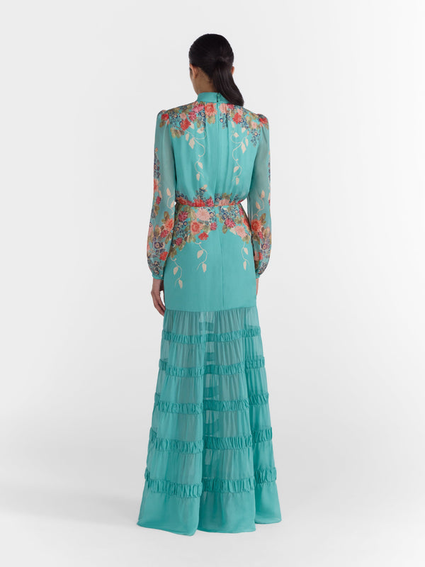 Saloni Jacqui Long Dress In Jardine Duckegg