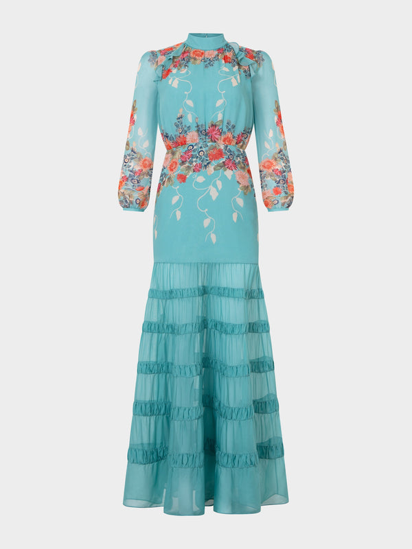 saloni Jacqui Long Dress in Jardine Duckegg