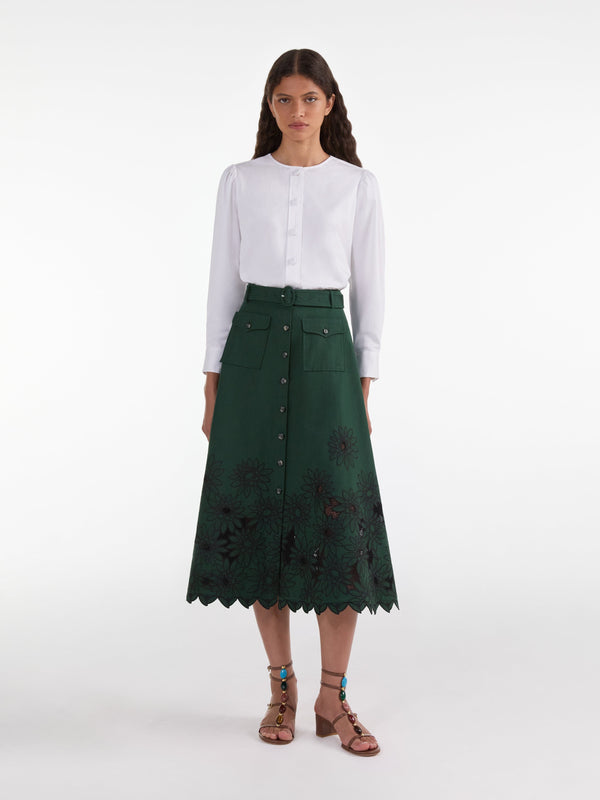 Saloni Kali Skirt In Pine Green Daisy Embroidery