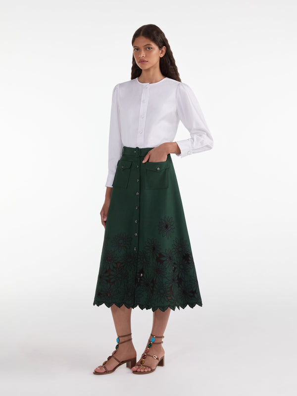 Saloni Kali Skirt In Pine Green Daisy Embroidery