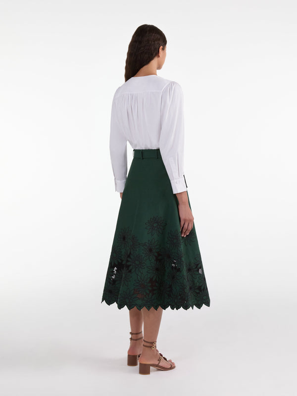 Saloni Kali Skirt In Pine Green Daisy Embroidery