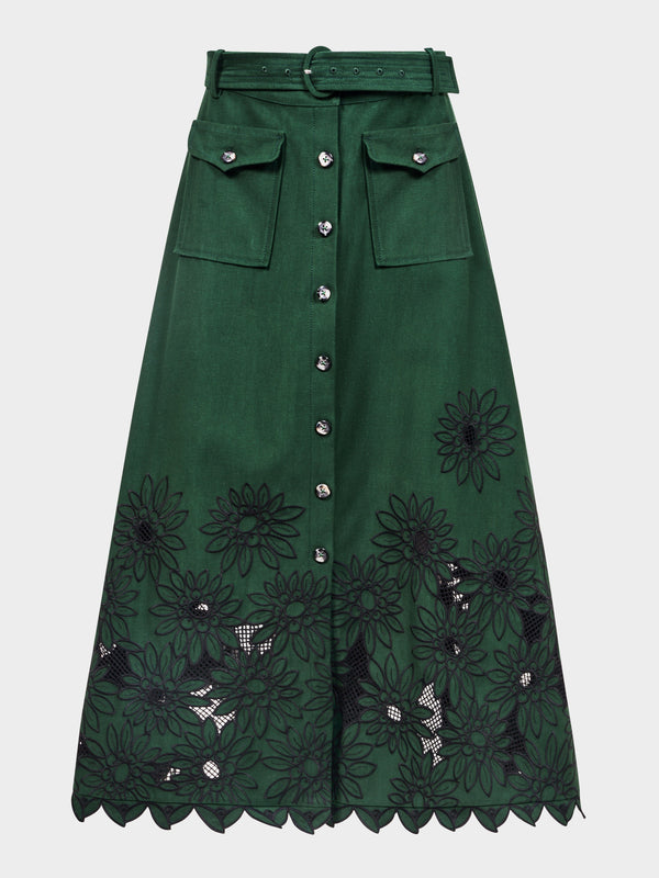 saloni Kali Skirt in Pine Green Daisy Embroidery