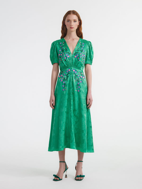 Saloni Lea Dress In Kelly Green Embroidered
