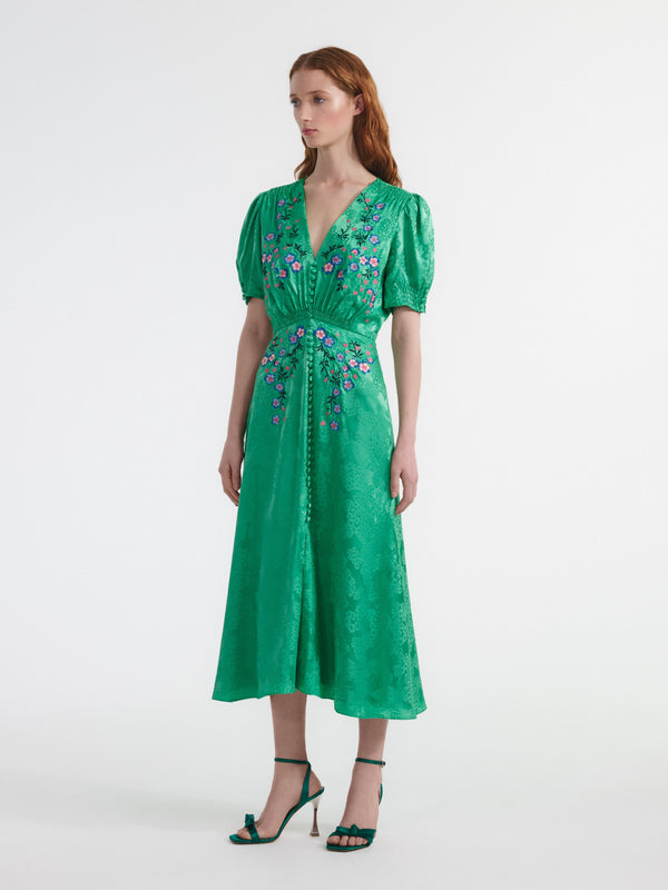 Saloni Lea Dress In Kelly Green Embroidered