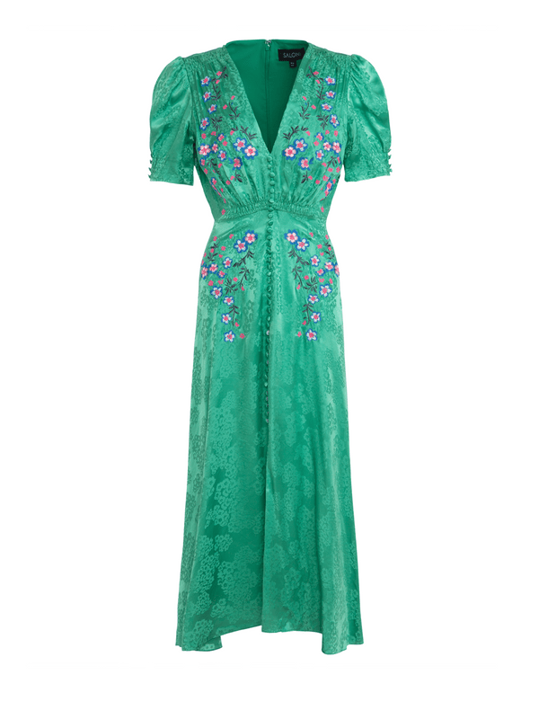 saloni Lea Dress in Kelly Green Embroidered
