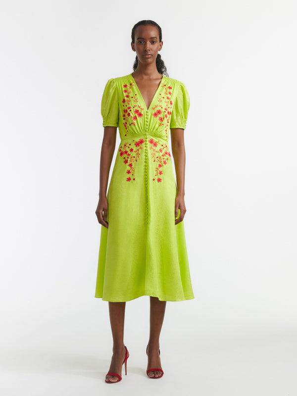 Saloni Lea Dress In Lime Coral Embroidery