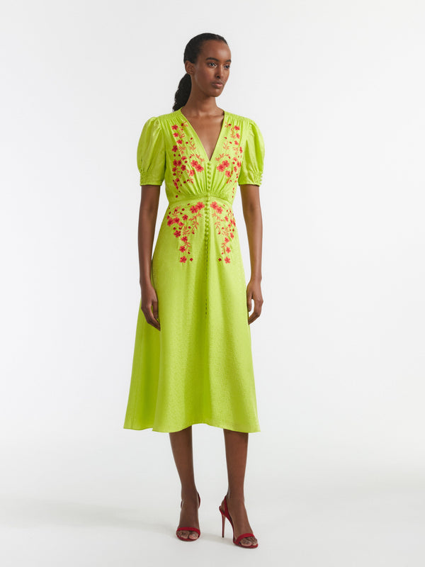 Saloni Lea Dress In Lime Coral Embroidery