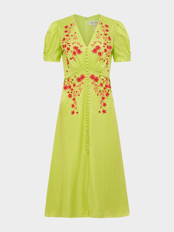 saloni Lea Dress in Lime Coral Embroidery