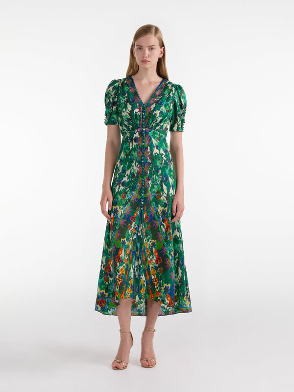 Saloni Lea Long Dress In Astilbe Woodland