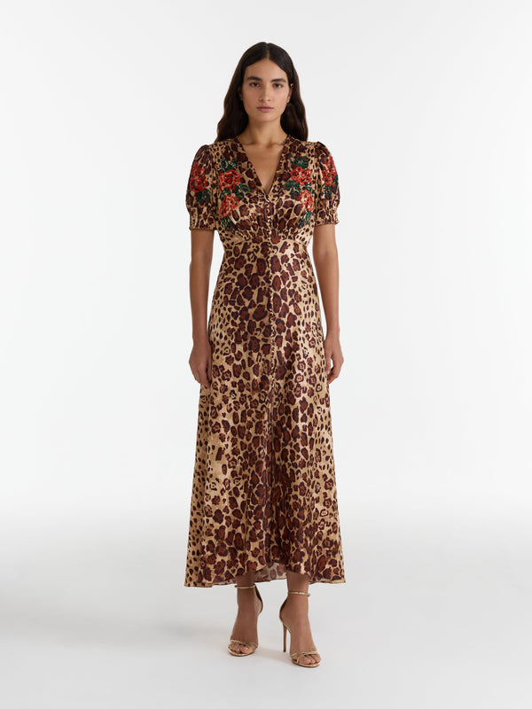 Saloni Lea Long Dress In Cheetah Rose