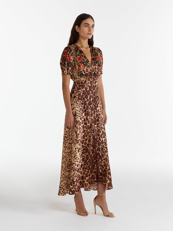 Saloni Lea Long Dress In Cheetah Rose
