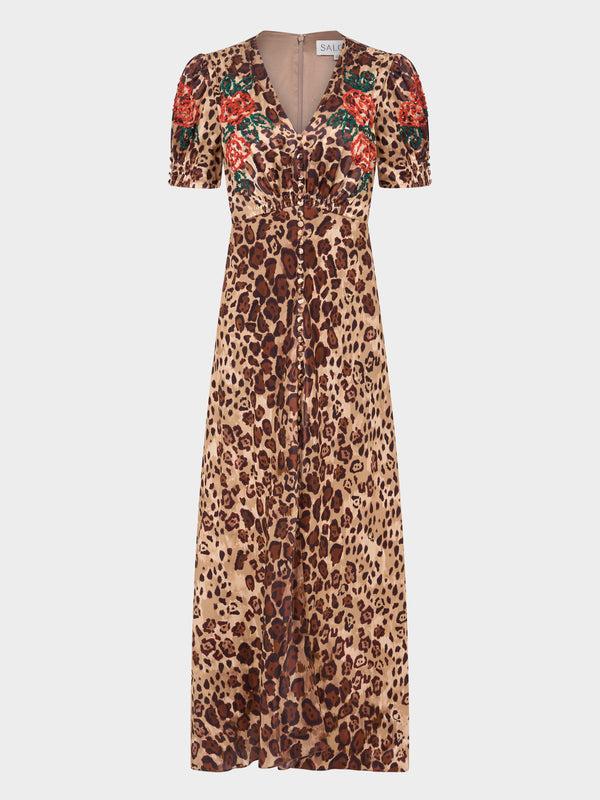 saloni Lea Long Dress in Cheetah Rose