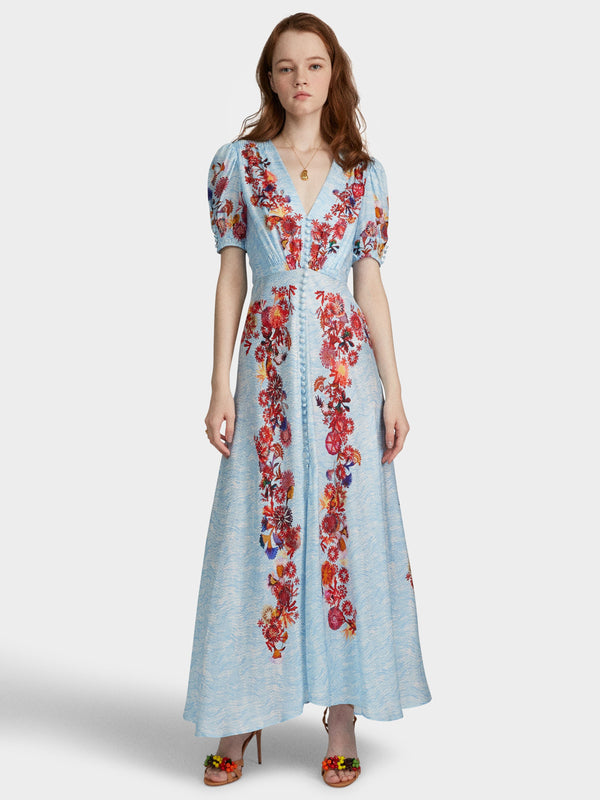 Saloni Lea Long Dress In Coral Adorning Print