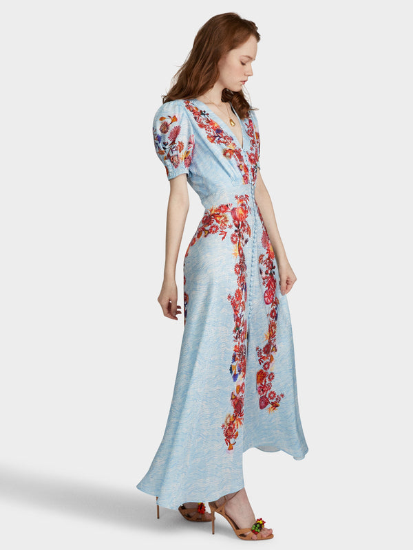 Saloni Lea Long Dress In Coral Adorning Print