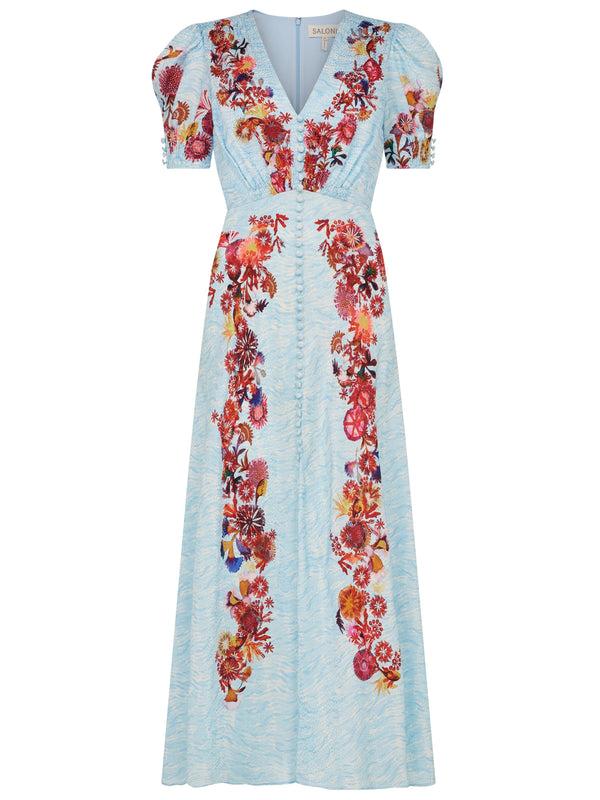 saloni Lea Long Dress in Coral Adorning print