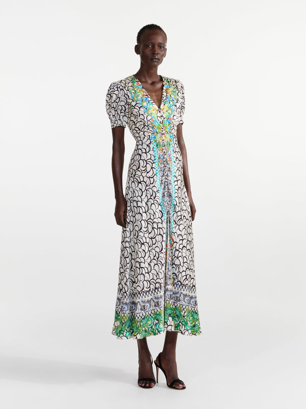 Saloni Lea Long Dress In Paeonia Border