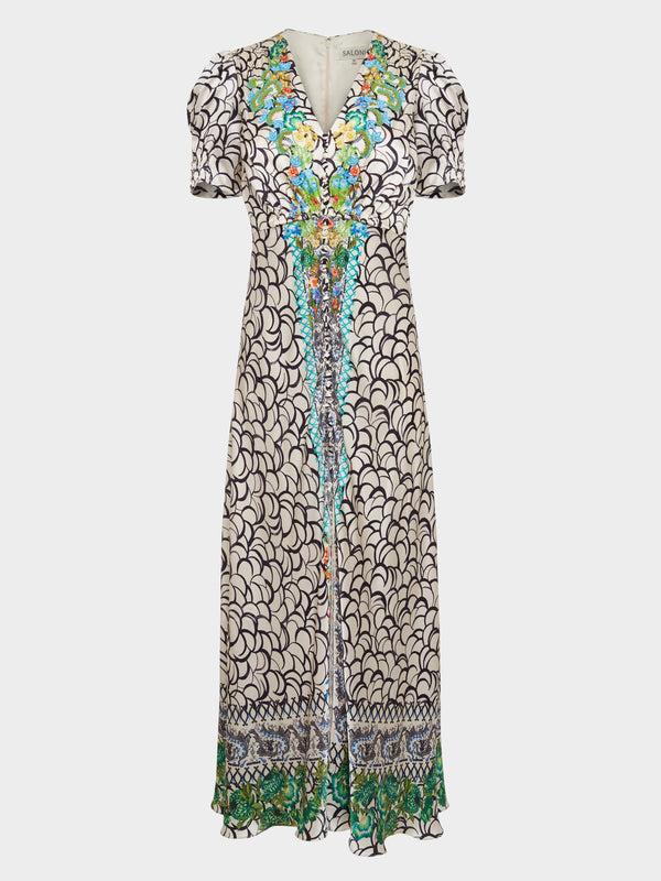 saloni Lea Long Dress in Paeonia Border