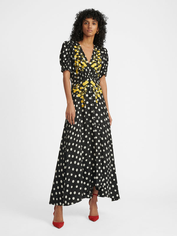 Saloni Lea Long Dress In Polka Dot Embroidered