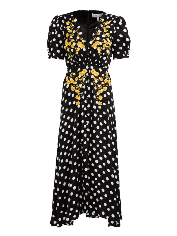 saloni Lea Long Dress in Polka Dot Embroidered