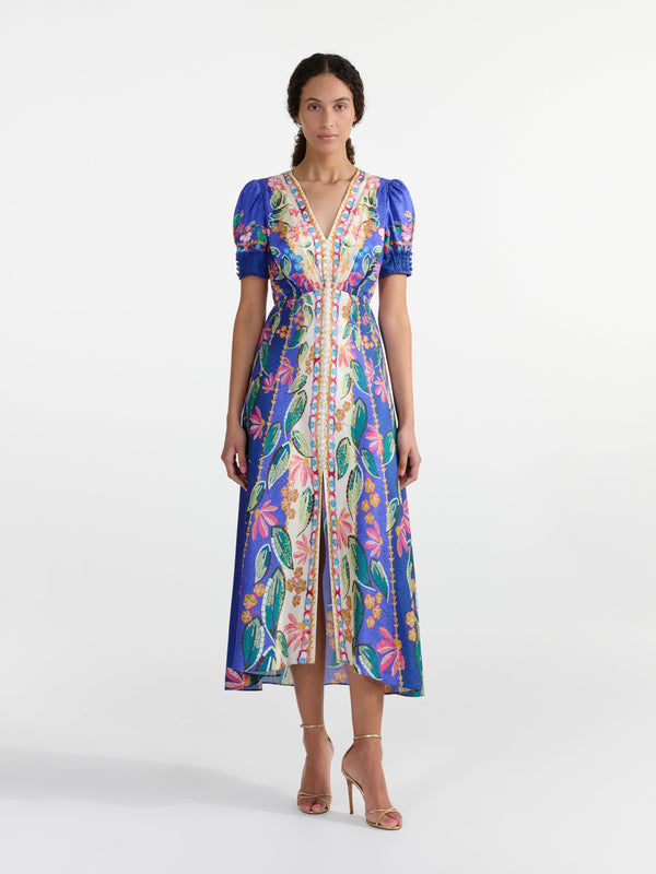 Saloni Lea Long Dress In Terrazzo Azure