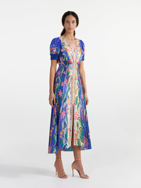 Saloni Lea Long Dress In Terrazzo Azure