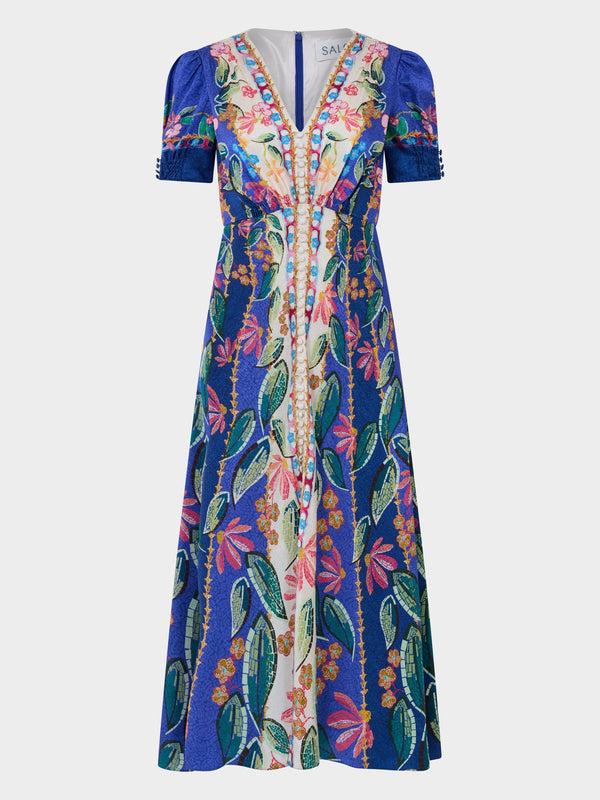 saloni Lea Long Dress in Terrazzo Azure