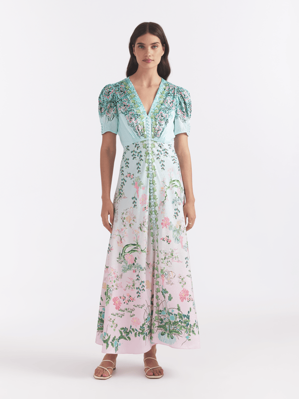 Saloni Lea Long Dress In Willow Garden