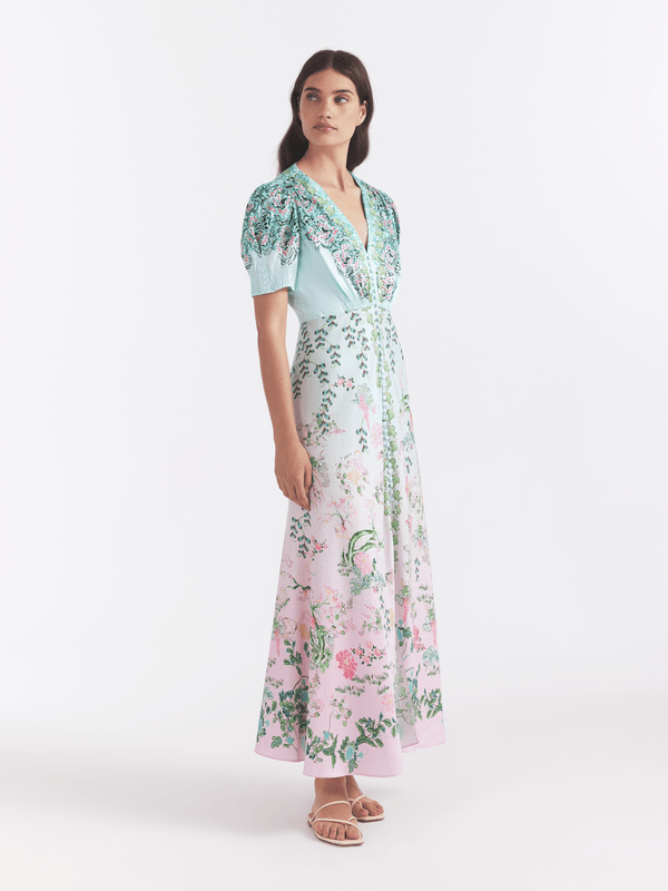 Saloni Lea Long Dress In Willow Garden