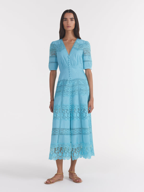 Saloni Lea Long Lace Dress In Cloud Blue