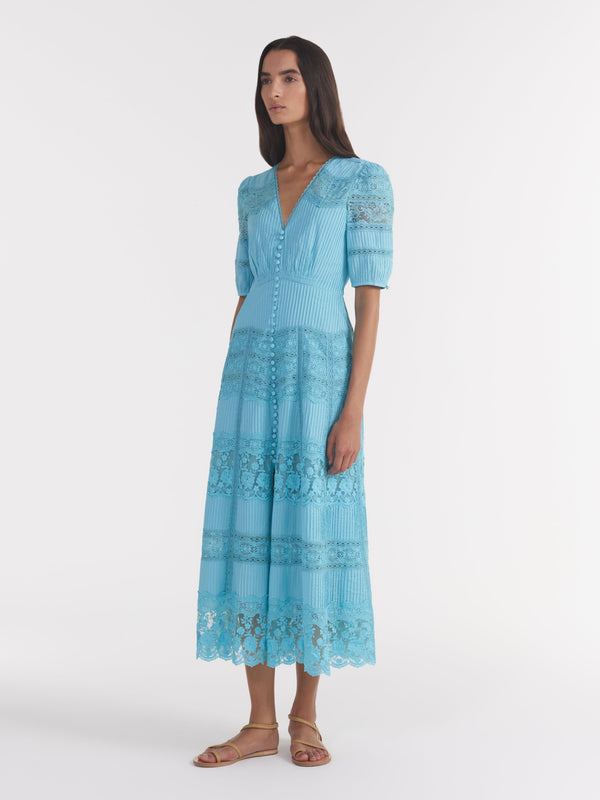 Saloni Lea Long Lace Dress In Cloud Blue