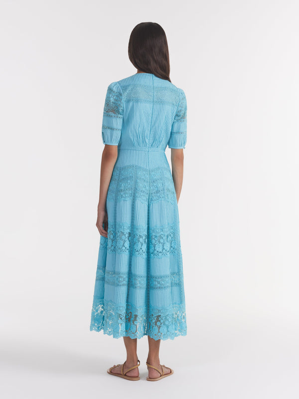 Saloni Lea Long Lace Dress In Cloud Blue