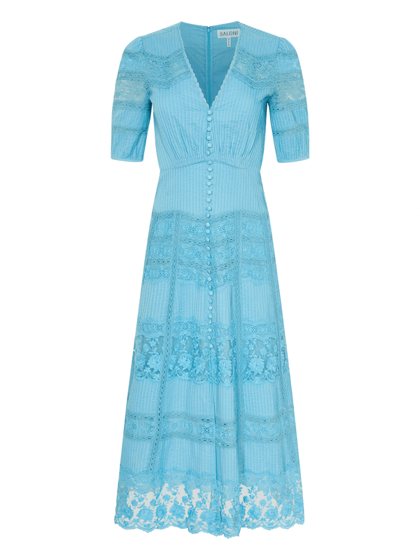 saloni Lea Long Lace Dress in Cloud Blue