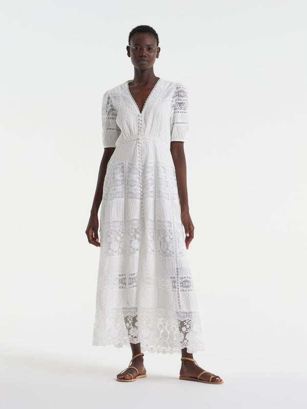 Saloni Lea Long Lace Dress In Ivory