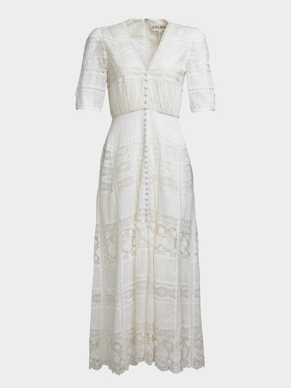 saloni Lea Long Lace Dress in Ivory