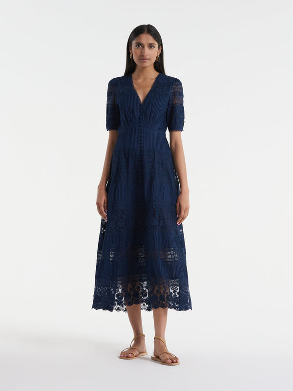 Saloni Lea Long Lace Dress In Navy
