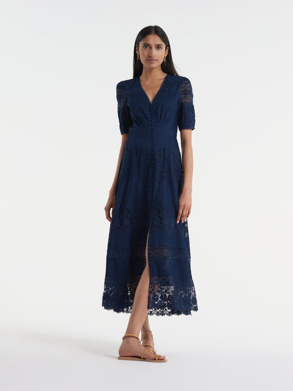 Saloni Lea Long Lace Dress In Navy
